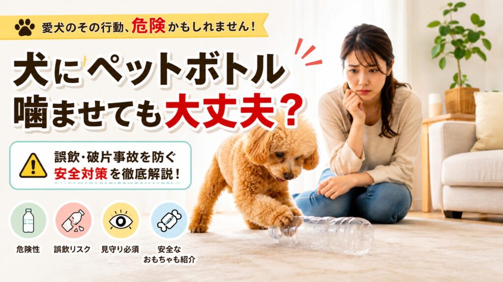 ペットボトルで遊ぶトイプードルを心配そうに見守る飼い主の様子。犬にペットボトルを噛ませる危険性と安全対策をイメージしたアイキャッチ画像。