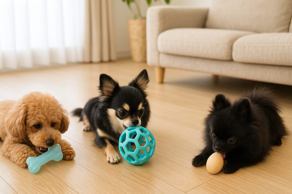 アプリコットプードルがボーン型おもちゃ、チワワがラバーボール、黒ポメラニアンがたまご型おもちゃで楽しそうに遊んでいる様子