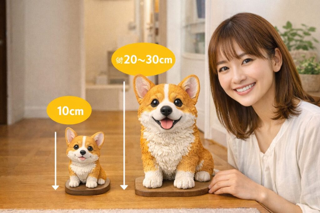 コーギー置物の10cmサイズと20〜30cmサイズを比較している実写イメージ