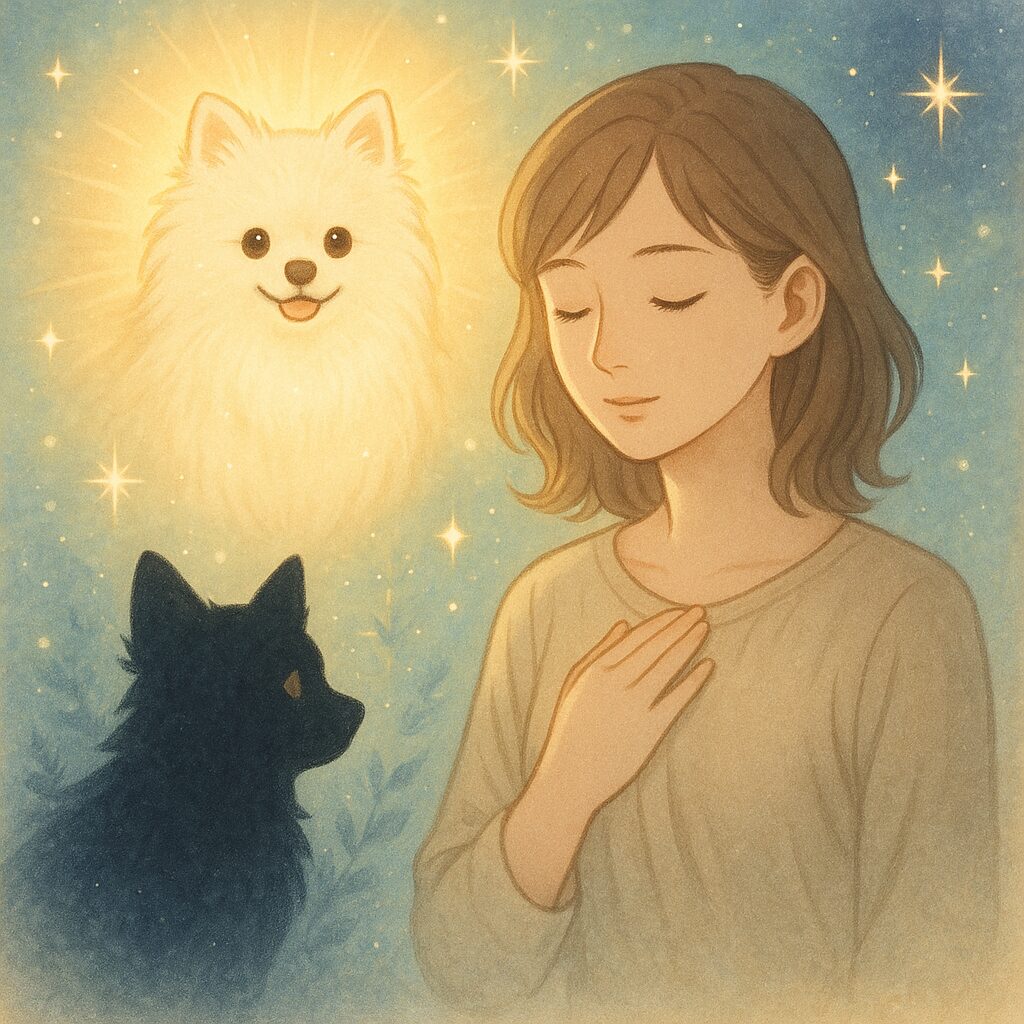 白ポメラニアンが光に包まれ、黒ポメが寄り添うことで浄化と直感を象徴したスピリチュアルなイラスト