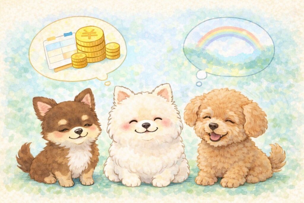 複数の小型犬が安心した表情で並び、老犬の医療費も想定できれば怖くないことをやさしく伝えているイラスト