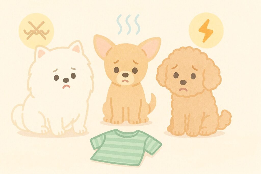白ポメラニアン・チワワ・アプリコットプードルが、犬服を見て戸惑っている様子を表した理由説明イラスト。