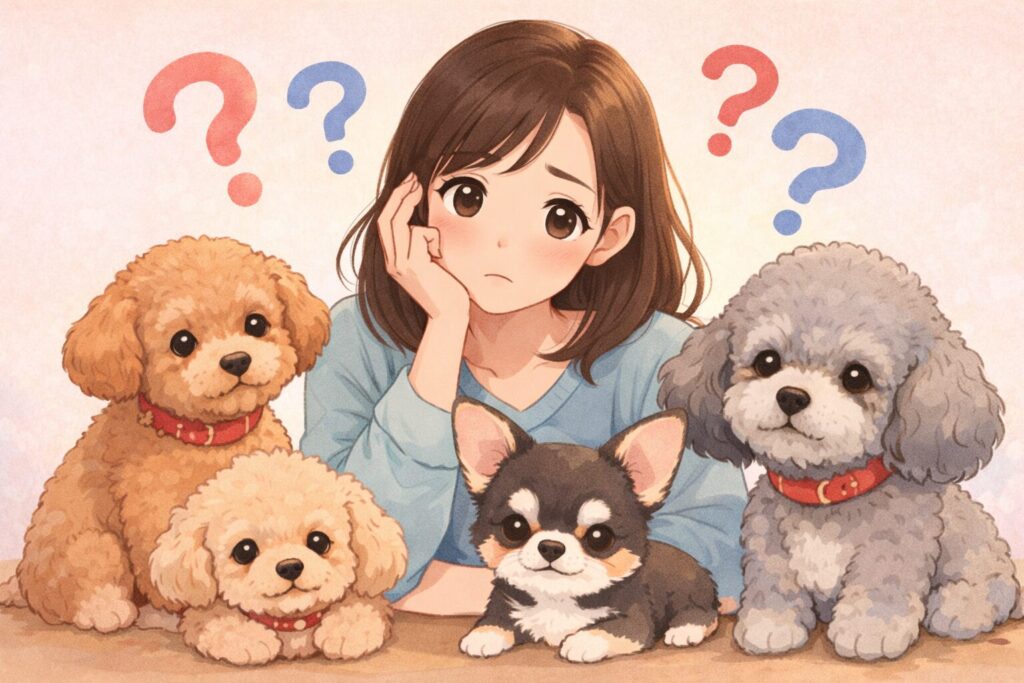 疑問符の吹き出しの前で悩む飼い主と、アプリコットプードル・シルバートイプードル・チワワの可愛いイラスト
