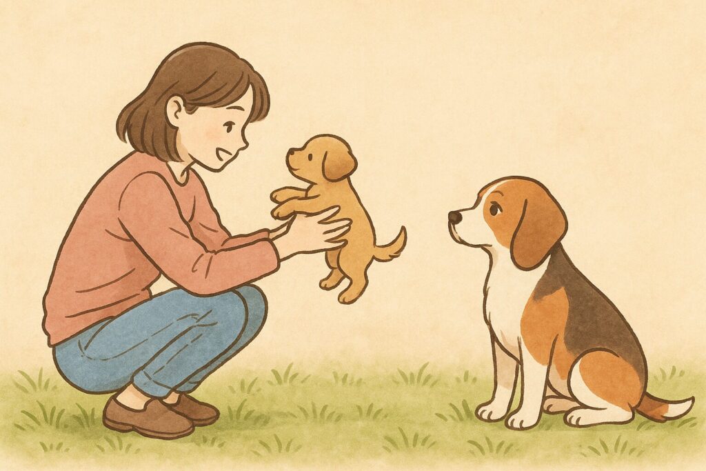 しゃがんだ女性が子犬を両手で抱き上げ、隣で成犬が穏やかに見守っている可愛いイラスト。