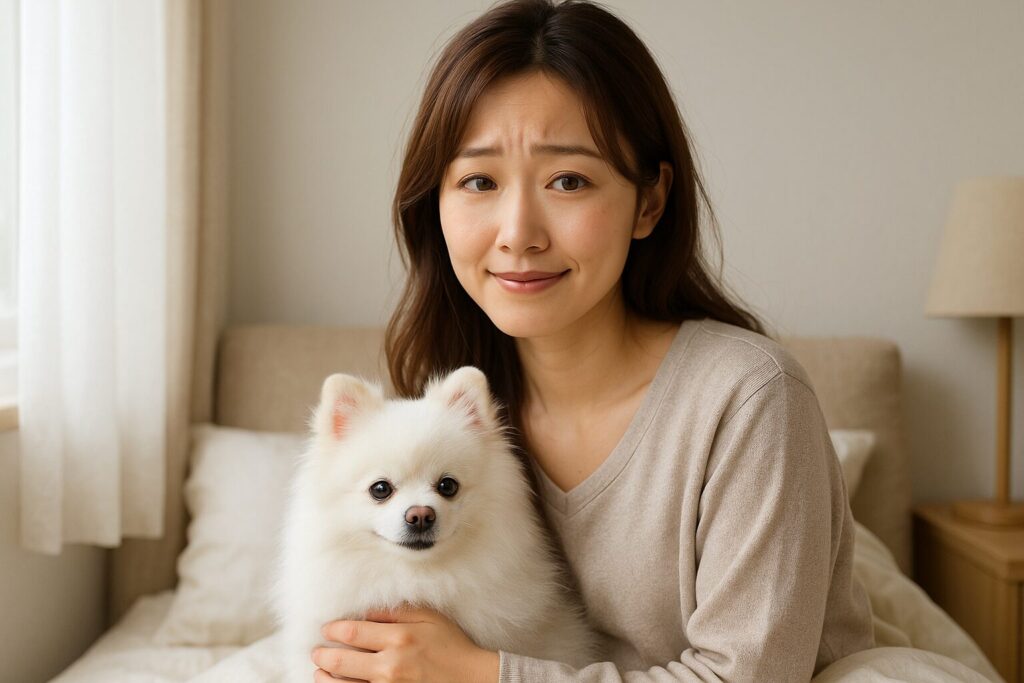 犬に噛まれる夢を見て不安な表情の女性が、白ポメラニアンに寄り添われ安心する実写風写真
