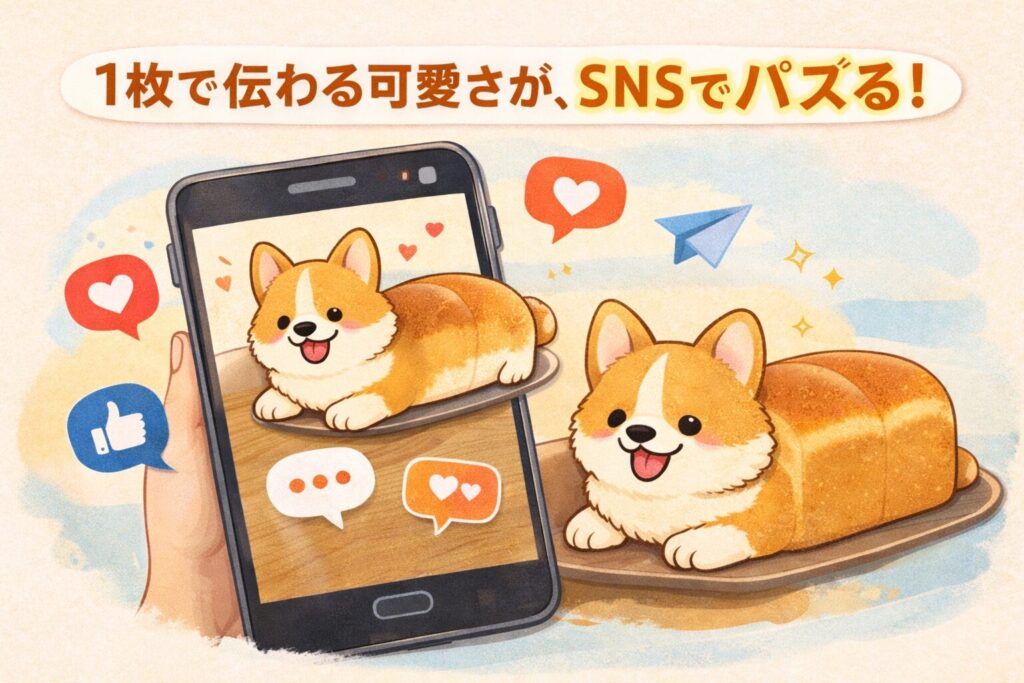 スマートフォン画面に映る食パンのようなコーギーと、いいねやコメントが飛び交う様子を描いたイラスト