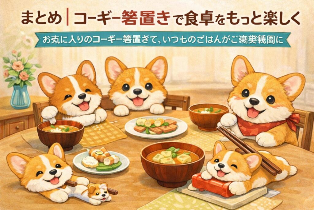 コーギーたちが食卓を囲み箸置きを使いながら楽しそうに過ごすまとめ用イラスト