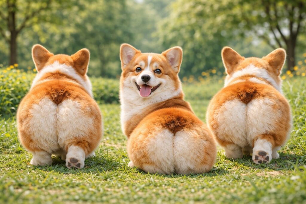 芝生の上で並ぶ3匹のコーギーのプリケツと穏やかな表情の後ろ姿