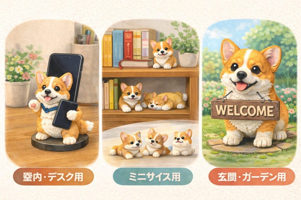 置き場所別に選べるコーギー置物3タイプのイラスト