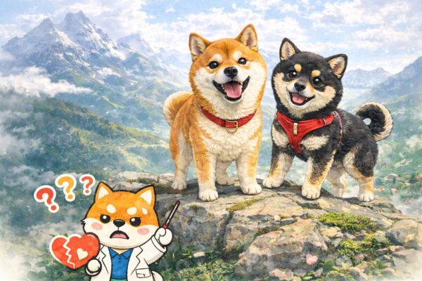 山の景色を背景に並ぶ柴犬と豆柴が描かれた、柴犬を飼って後悔しないための現実を伝えるアイキャッチ画像