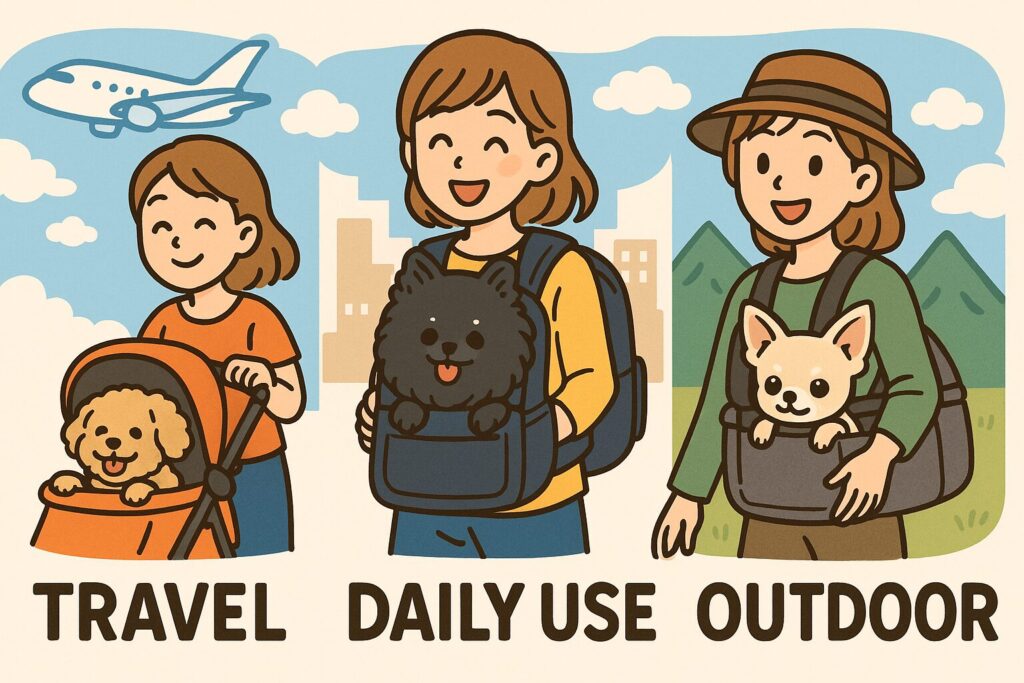 10kg前後の白ポメラニアンやアプリコットプードル、チワワがそれぞれ旅行・街歩き・アウトドア用のリュックで快適に過ごしている様子を描いたイラスト