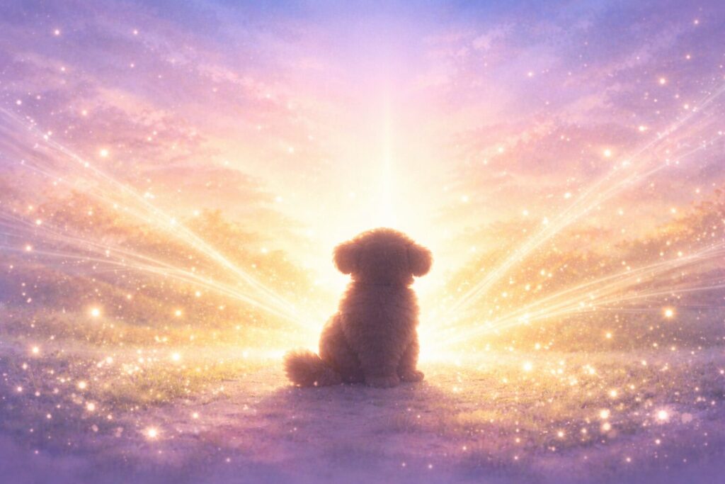 夜明けの光の中に座る子犬のシルエット(犬を拾う夢の基本的な意味を象徴するイメージ)