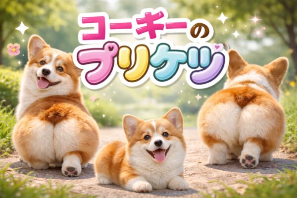 公園で並ぶ3匹のコーギーの可愛いプリケツと笑顔が印象的なアイキャッチ画像