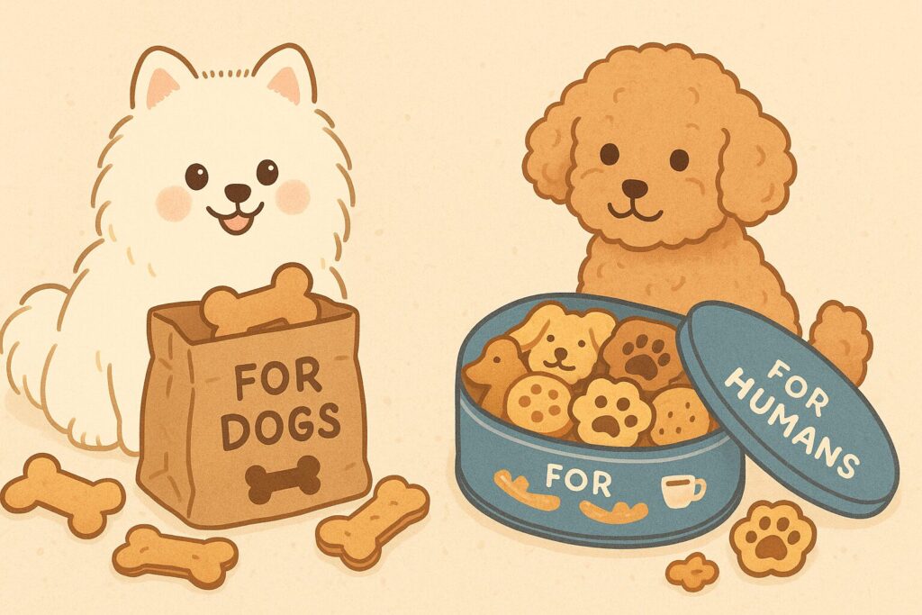 白ポメラニアンとトイプードルが、犬用クッキーの袋と人間用の犬モチーフクッキー缶を見比べているイラスト。犬用と人間用の違いをわかりやすく表現したデザイン。