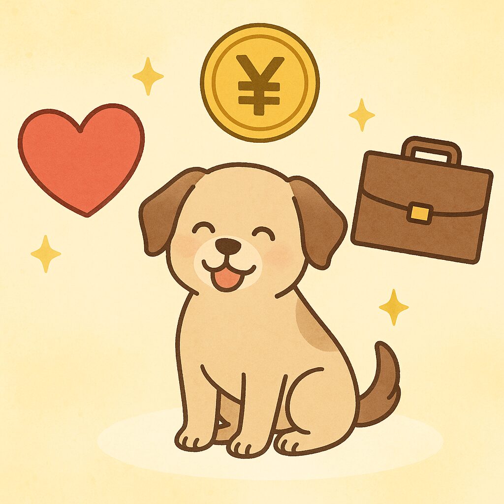 ハート・円マークのコイン・ビジネスバッグの周りで嬉しそうに座る子犬が、恋愛運・金運・仕事運の高まりを表すイラスト。