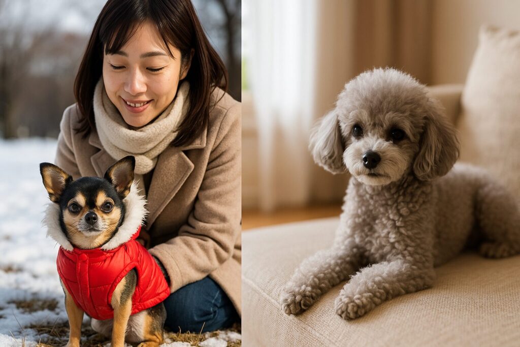 犬によって服が必要なケースと不要なケースを比較するため、屋外のチワワと室内のトイプードルを並べた構図の実写イメージ。