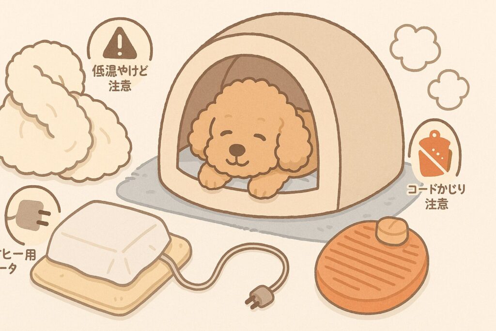 ドーム型ベッドに入るアプリコットプードルと、毛布・湯たんぽ・ペットヒーター・注意アイコンを描いた防寒グッズのイラスト