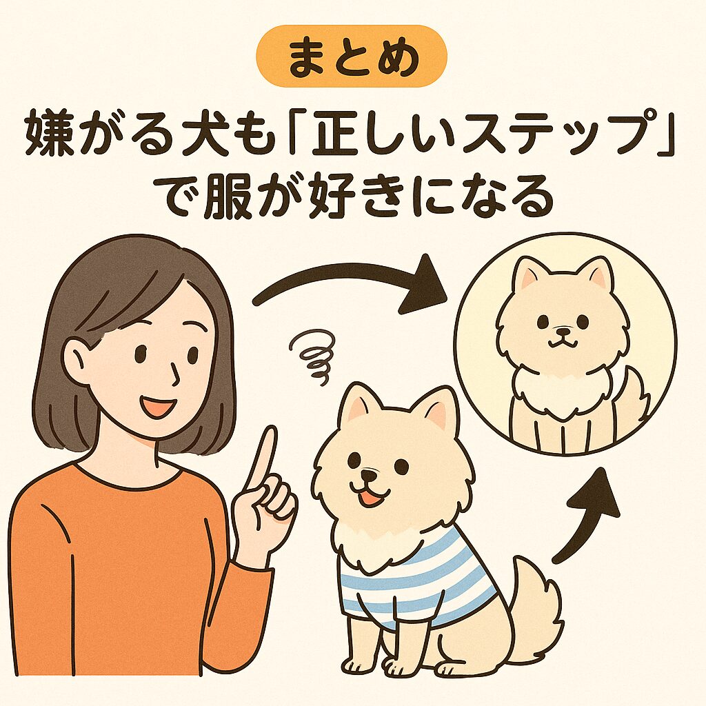 服に慣れて笑顔で過ごす小型犬と飼い主が描かれた、トレーニング成功後のハッピーシーンを表現したイラスト。