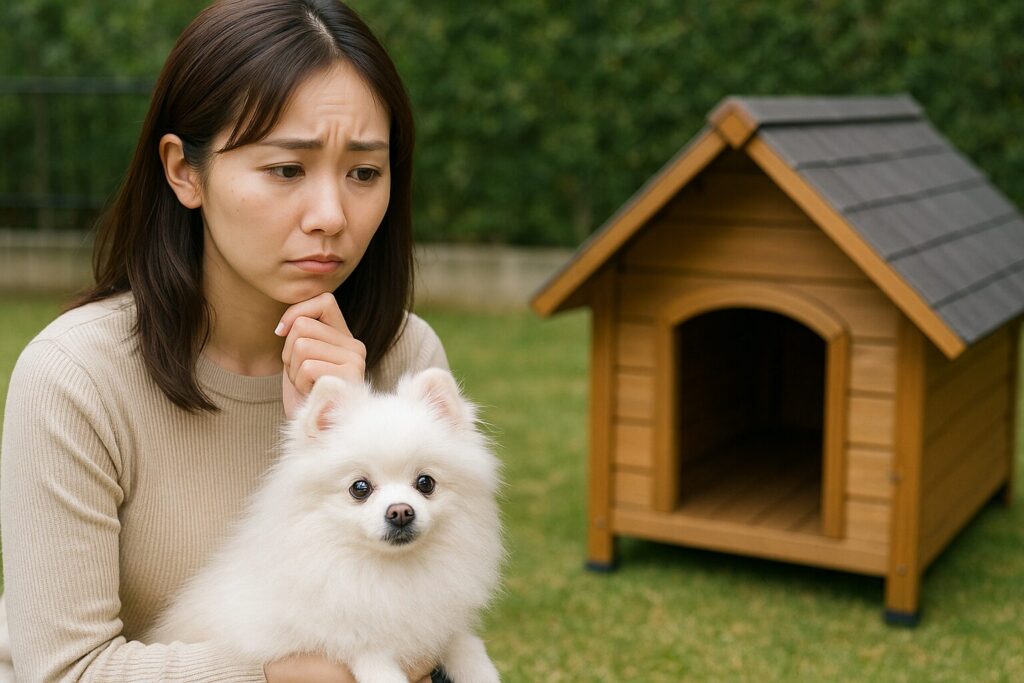 外飼いについて悩みながら室内で過ごすポメラニアンを描いたイラストのアイキャッチ画像