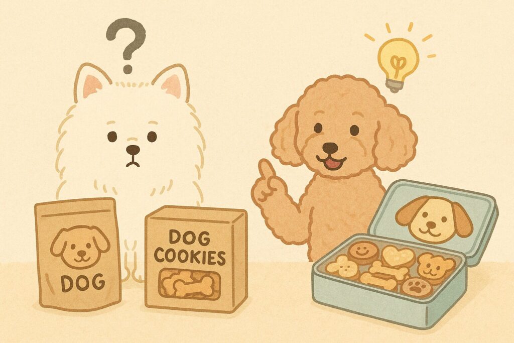 白ポメラニアンが犬用クッキーの袋と箱を前に混乱し、アプリコットプードルが人間用クッキー缶を指差して説明しているイラスト。犬用と人間用の違いがひと目でわかる構図。