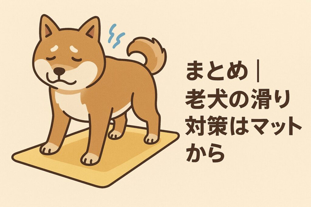 滑りにくいマットの上で安心して立つ老犬を描いた、まとめ見出し用のイラスト