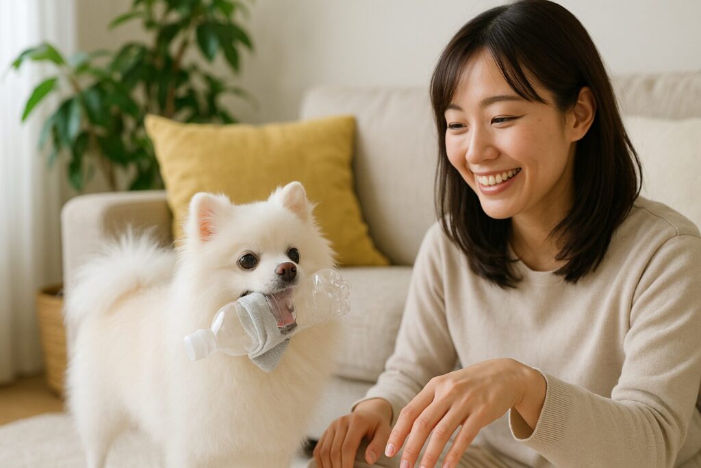 白ポメラニアンがタオルに包んだペットボトルをくわえ、日本人女性が笑顔で見守っている様子