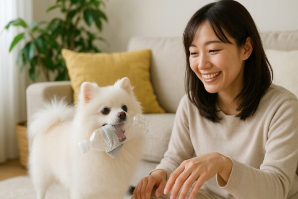 白ポメラニアンがタオルに包んだペットボトルをくわえ、日本人女性が笑顔で見守っている様子