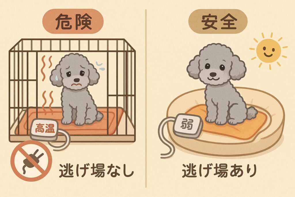 電気毛布の危険ケース（高温・逃げ場なし）と安全ケース（弱設定・逃げ場あり）を比較するシルバートイプードルのイラスト