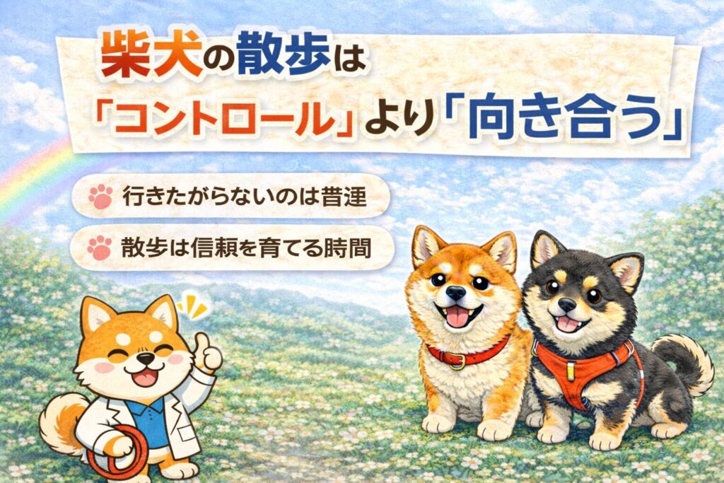花畑の中で並んで座る柴犬と豆柴と研究員風の柴犬が描かれた、柴犬の散歩はコントロールより向き合うことが大切だと伝えるまとめ用画像