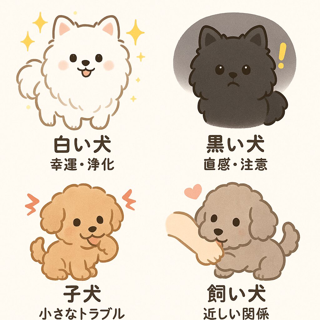 白ポメ、黒ポメ、アプリコットプードルの子犬、シルバートイプードルが特徴別に描かれた夢占いイラスト