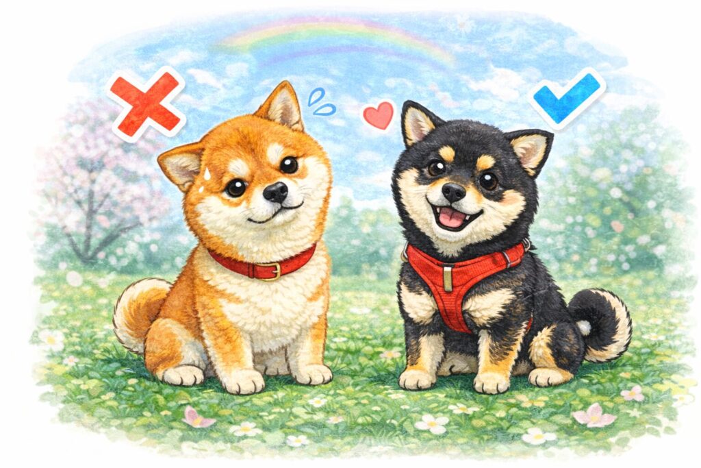 バツ印の柴犬とチェックマークの豆柴が並び、柴犬の向き不向きを分かりやすく表現したまとめ用イラスト