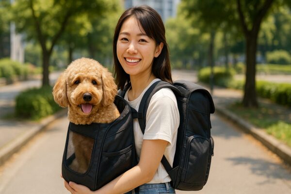 10kgのアプリコットプードルが犬用リュックに入り、日本人女性と一緒にお出かけしている様子