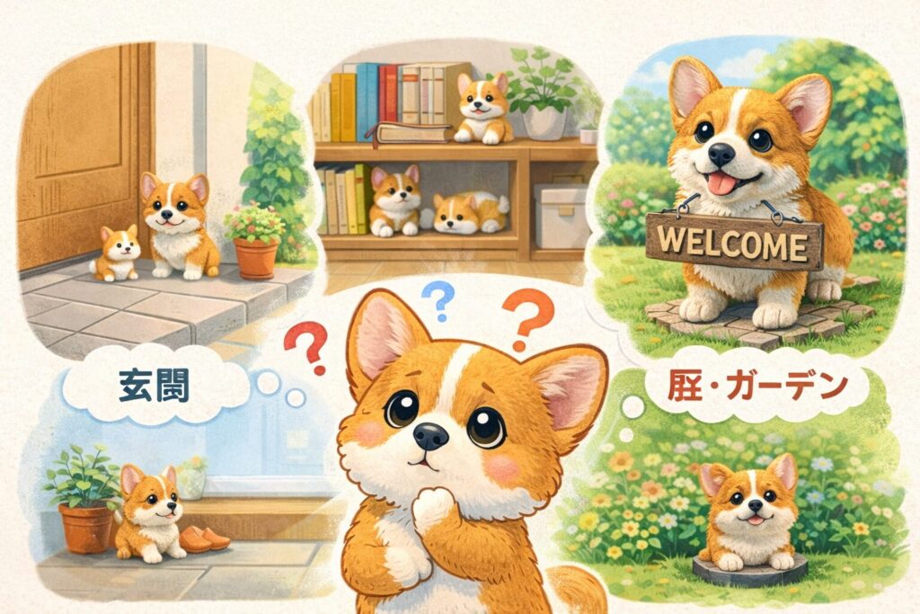 コーギー置物を玄関・室内・庭のどこに置くか考えているイラスト