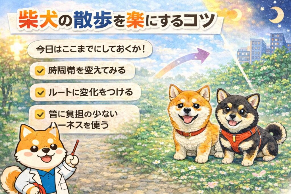 穏やかな表情で並んで歩く柴犬と豆柴が描かれた、柴犬の散歩を楽にするコツを伝えるイラスト