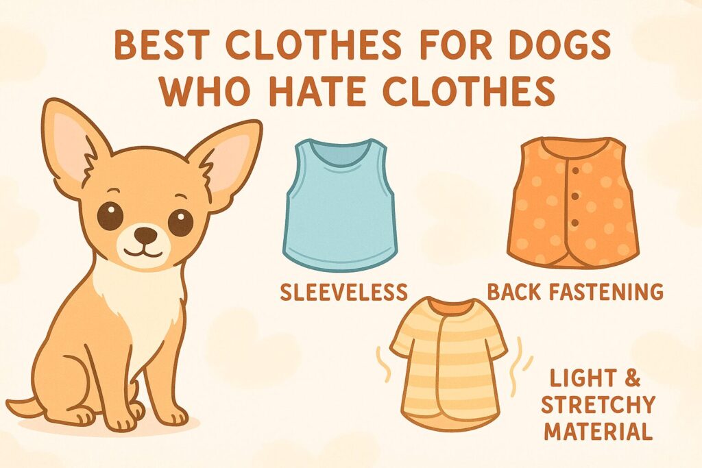 チワワが着やすい犬服と、その特徴(軽い・伸びる・背中開き)を紹介するカタログ風イラスト。