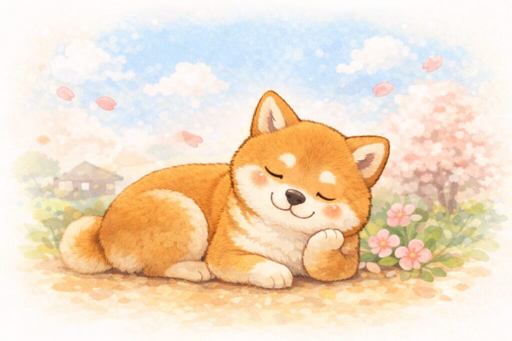 安心した表情で横になりくつろぐ柴犬のイラスト