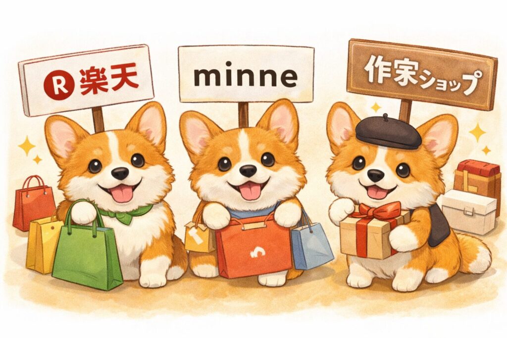 楽天・minne・作家ショップの看板を持ったコーギーが購入先の違いを表現している可愛いイラスト
