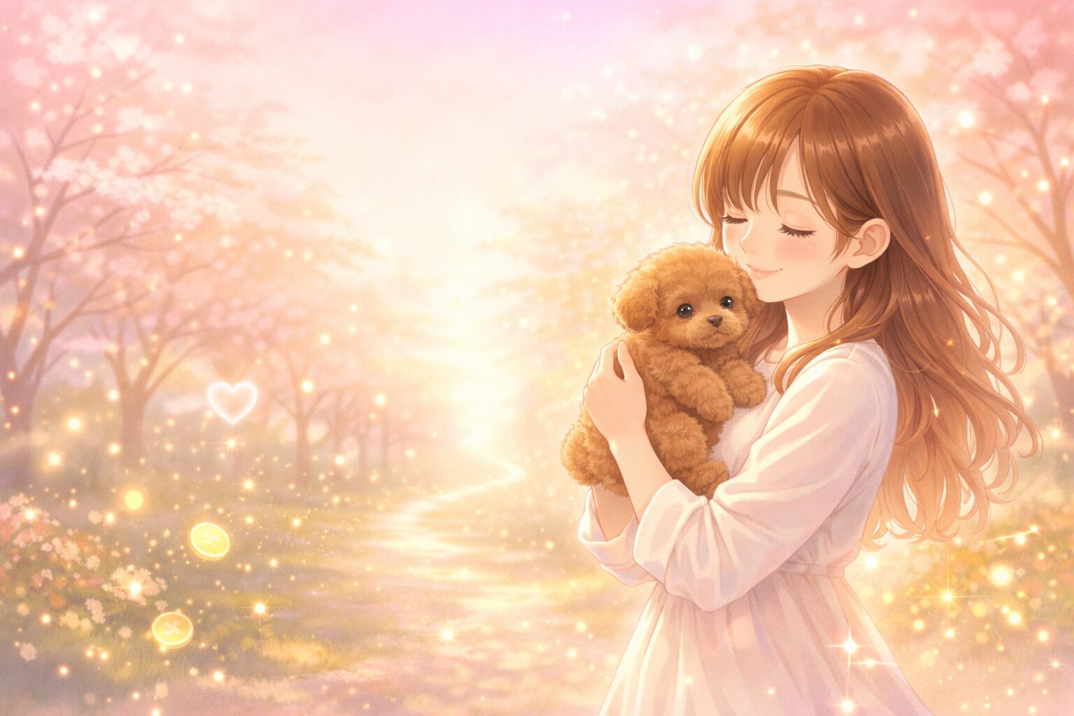 子犬を抱く女性とやわらかな光のイラスト(犬を拾う夢が示す恋愛運・金運・仕事運の上昇イメージ)