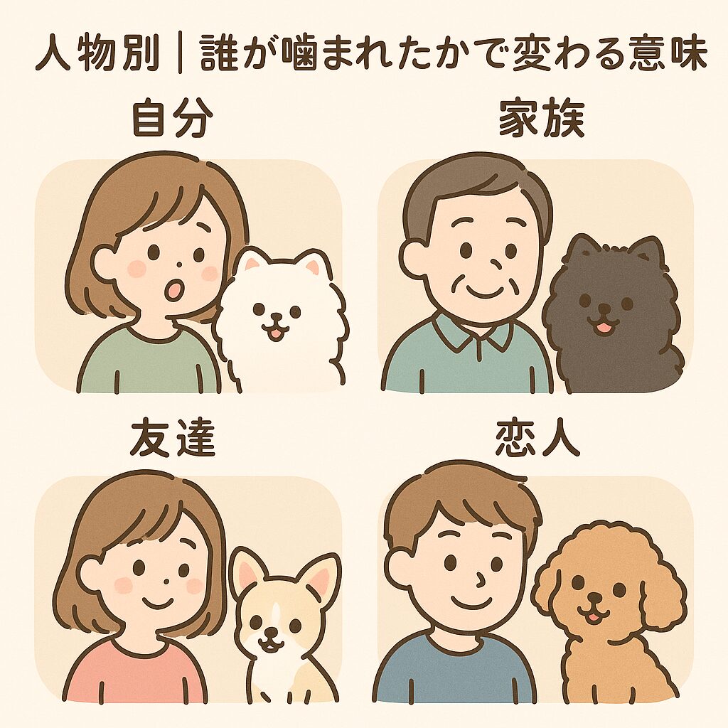自分・家族・友達・恋人が犬に噛まれる様子を比較し、関係性の違いを示したかわいいイラスト