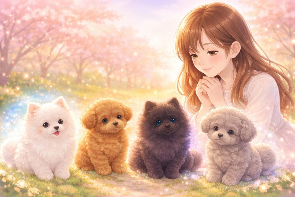 白・茶・黒・グレーの子犬が並ぶイラスト(犬を拾う夢の色別の意味を表すイメージ)