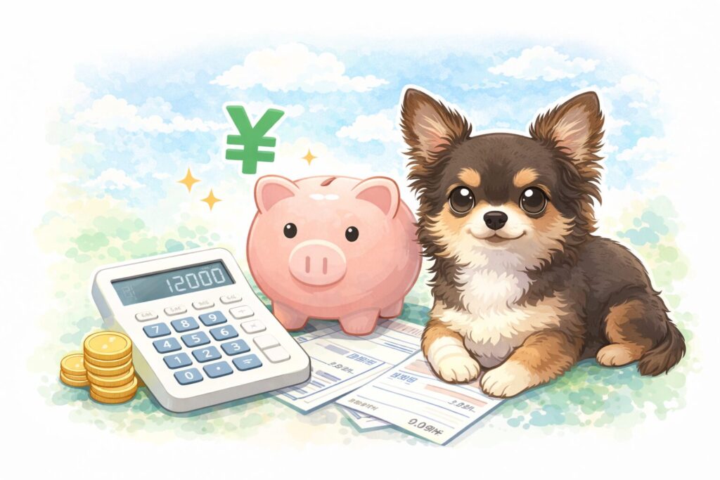 老犬の医療費をイメージしたイラスト。チワワのそばに電卓、領収書、貯金箱が置かれている。
