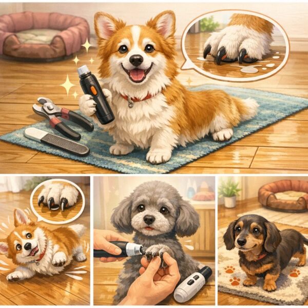 フローリングの上で爪ケア用品と一緒に座る老犬。伸びた爪が滑りの原因になることを表したイメージ。