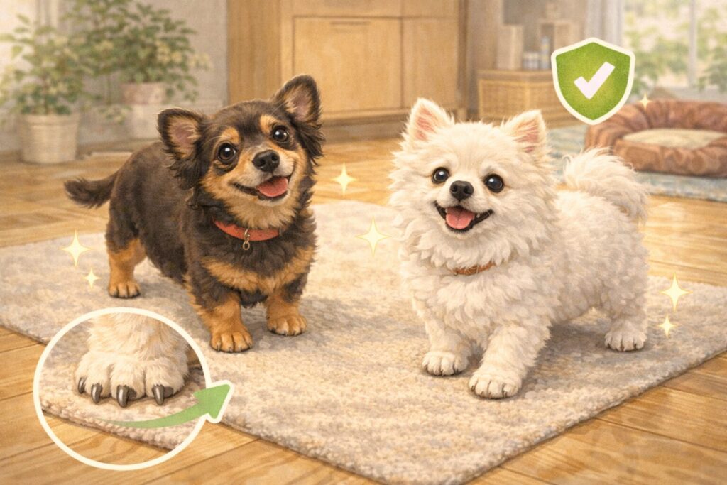 爪が整い滑りにくいマットの上で、安心した表情で立つ老犬のチワワと白ポメラニアン。