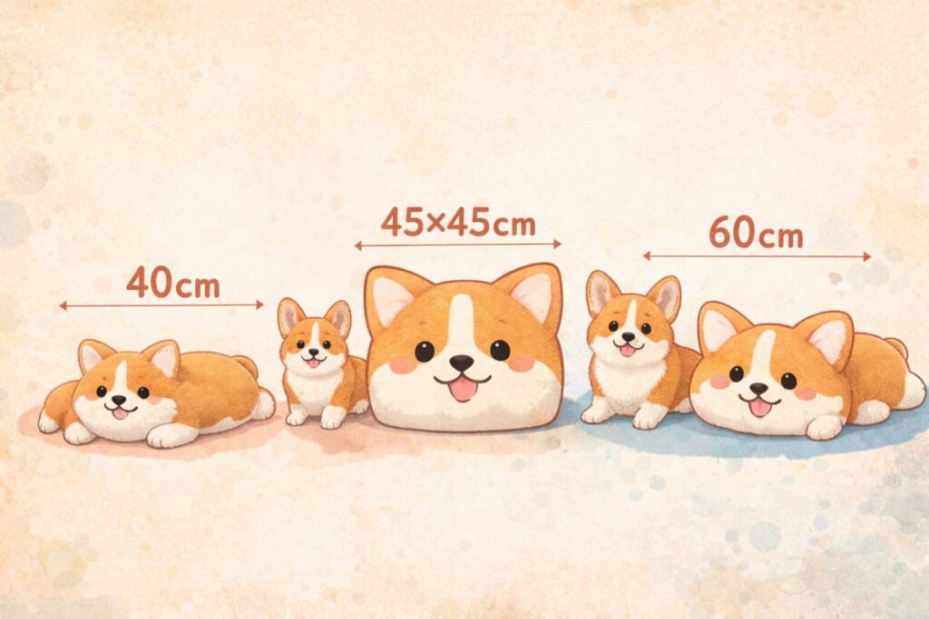 40cm・45×45cm・60cmのコーギークッションサイズ比較イラスト