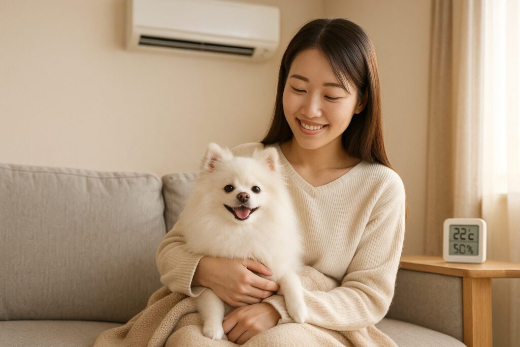冬のリビングで日本人女性が白ポメラニアンを抱き、室温22℃湿度50％の部屋でくつろいでいる様子
