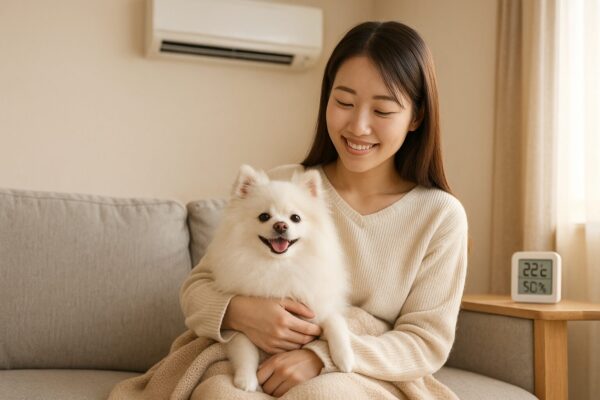 冬のリビングで日本人女性が白ポメラニアンを抱き、室温22℃湿度50％の部屋でくつろいでいる様子
