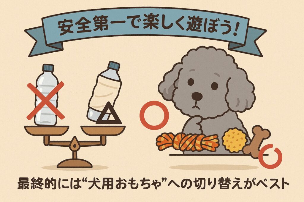 シルバートイプードルが天秤の前で、危険なペットボトル・条件付きOKのペットボトル・安全なおもちゃを比較し、安全第一を示しているイラスト