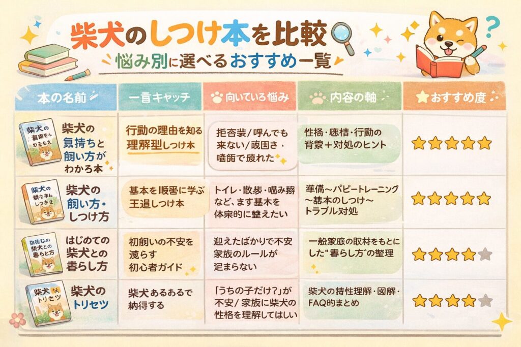 柴犬のしつけ本を悩み別に比較した一覧表のイラスト。本の特徴、向いている悩み、内容の軸、おすすめ度をまとめて紹介している。