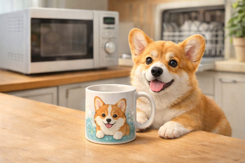 コーギー柄マグカップと電子レンジ対応をイメージした使用シーン