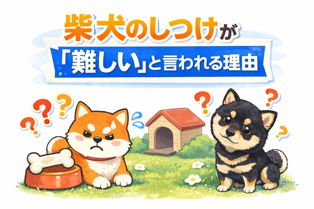困った表情の柴犬と首をかしげる豆柴が並ぶ、柴犬のしつけが難しい理由を表したイラスト
